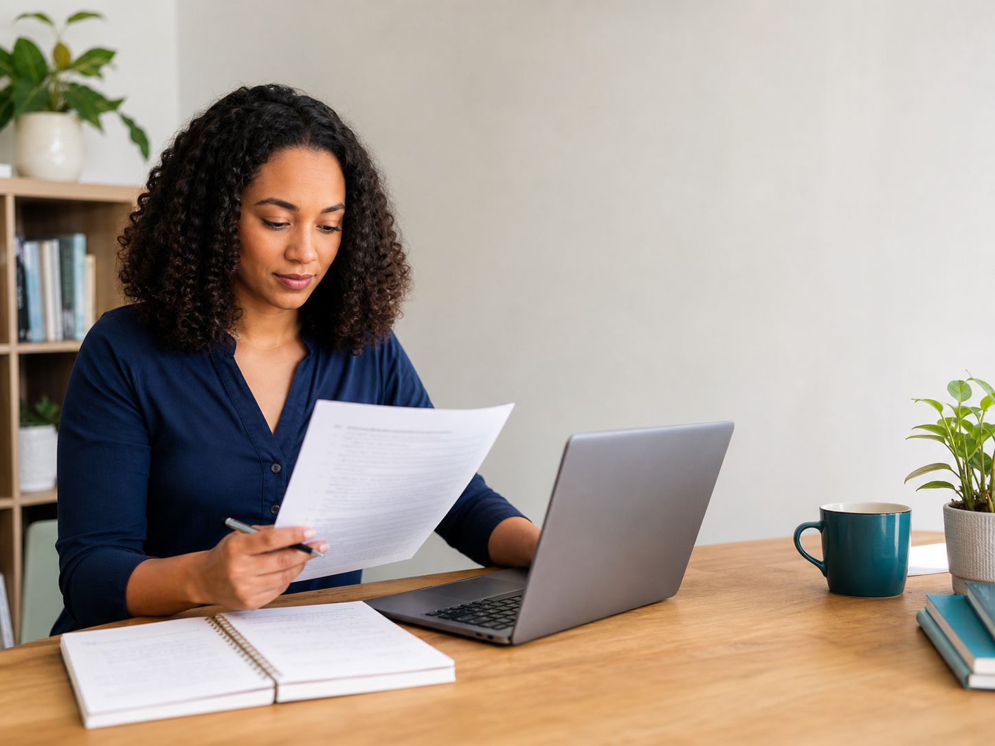 Adult learner reviewing study notes beside a laptop