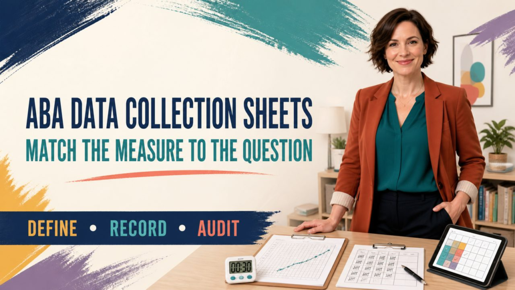 aba data collection sheets cover showing a white adult RBT reviewing a measurement form