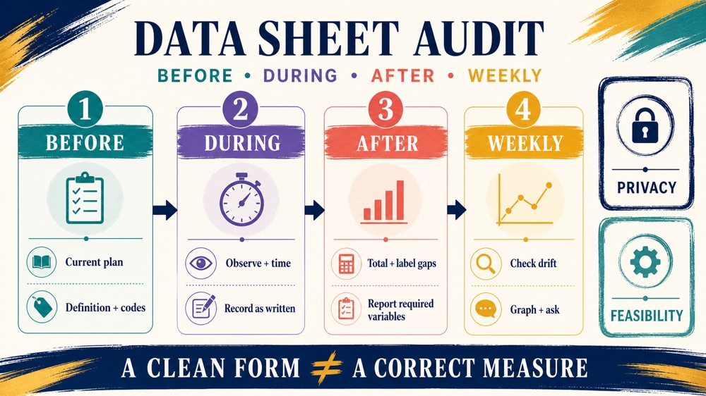 aba data sheets infographic showing a four-stage form quality check and six RBT data domains