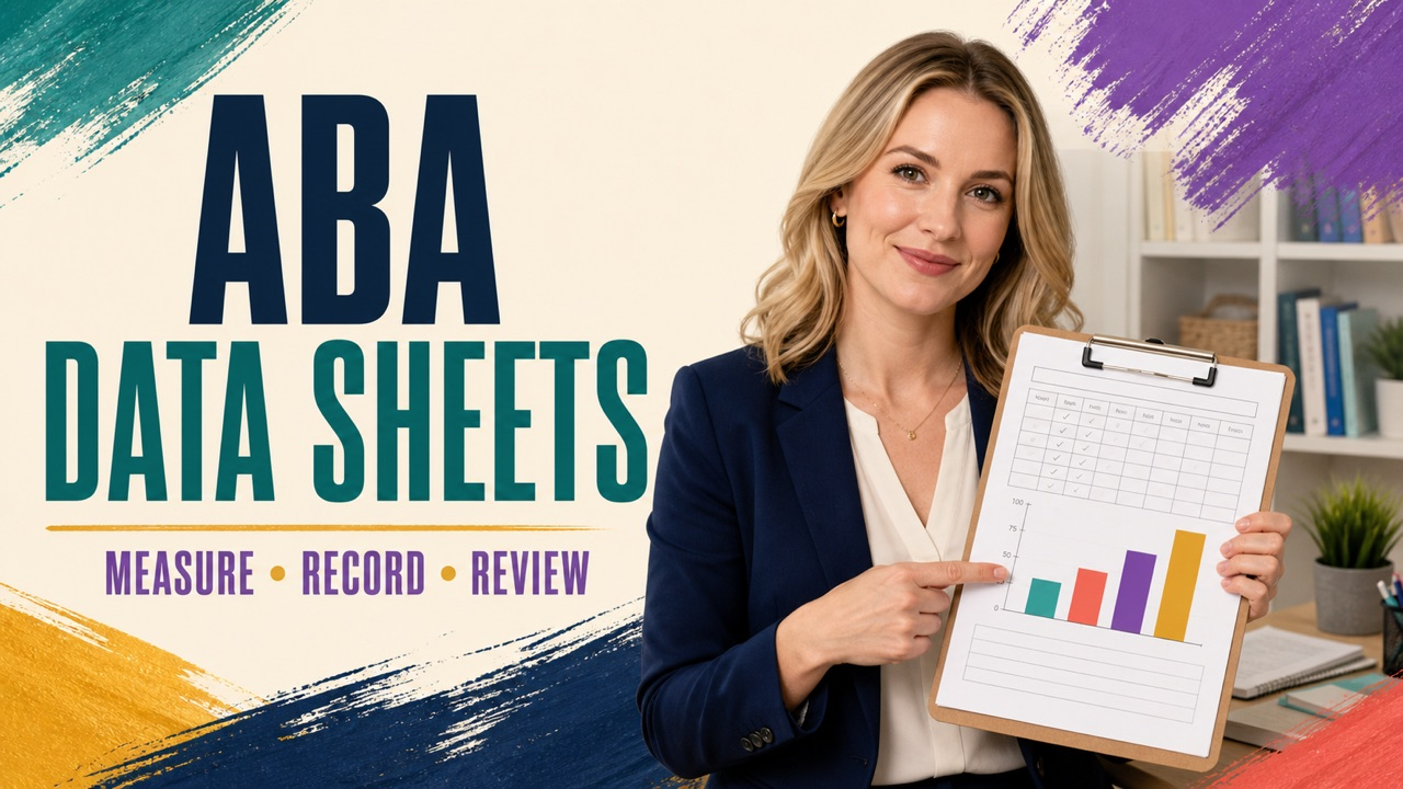 aba data sheets cover showing a white adult RBT learner reviewing measurement forms and a data chart