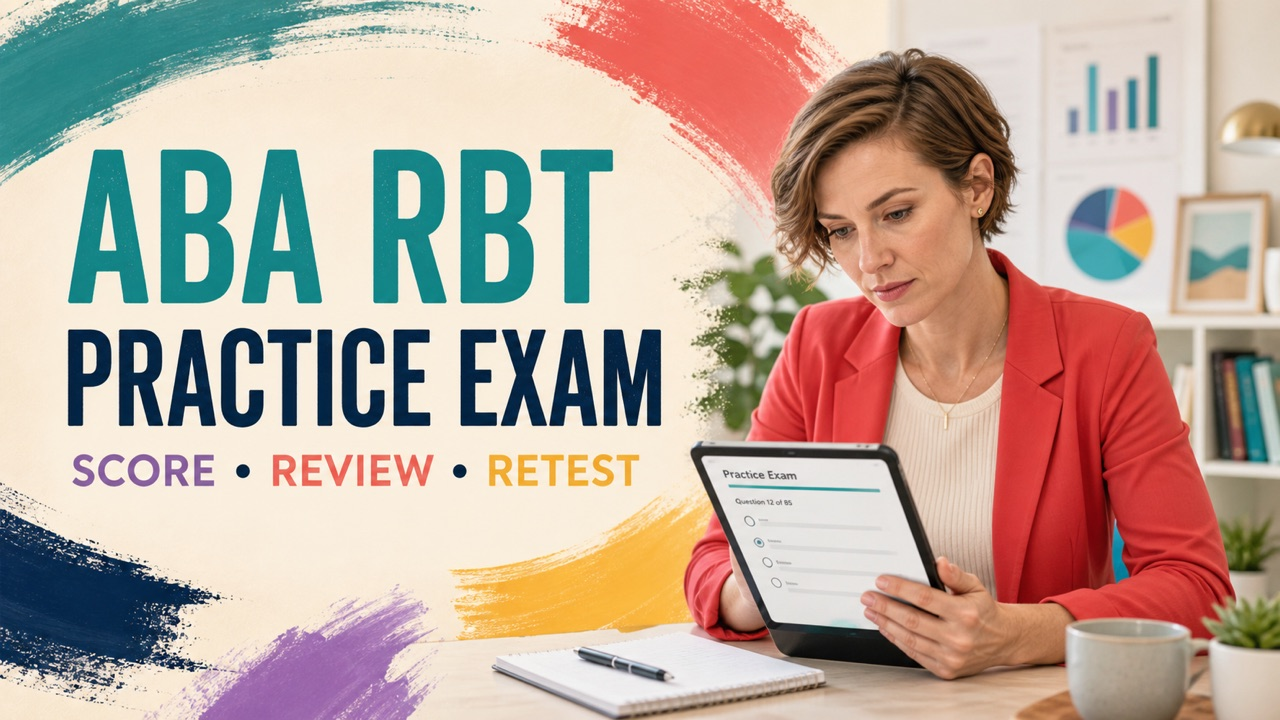 ABA RBT practice exam cover with a white adult learner reviewing a colorful practice checklist