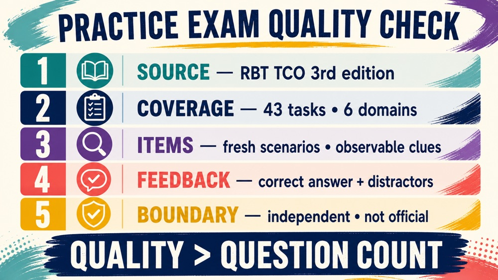 ABA RBT practice exam quality checklist for source, domains, scenarios, and explanations