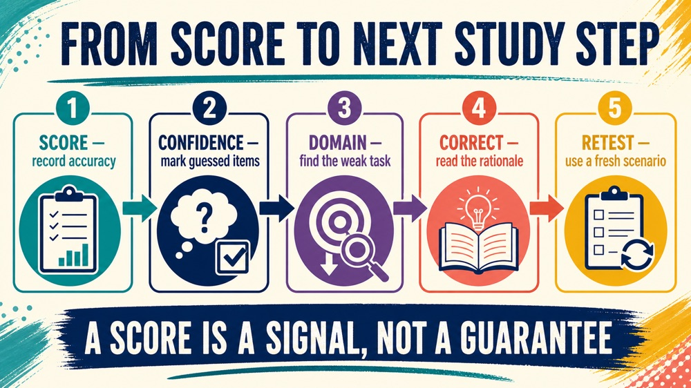 ABA RBT practice exam score-to-study decision loop infographic