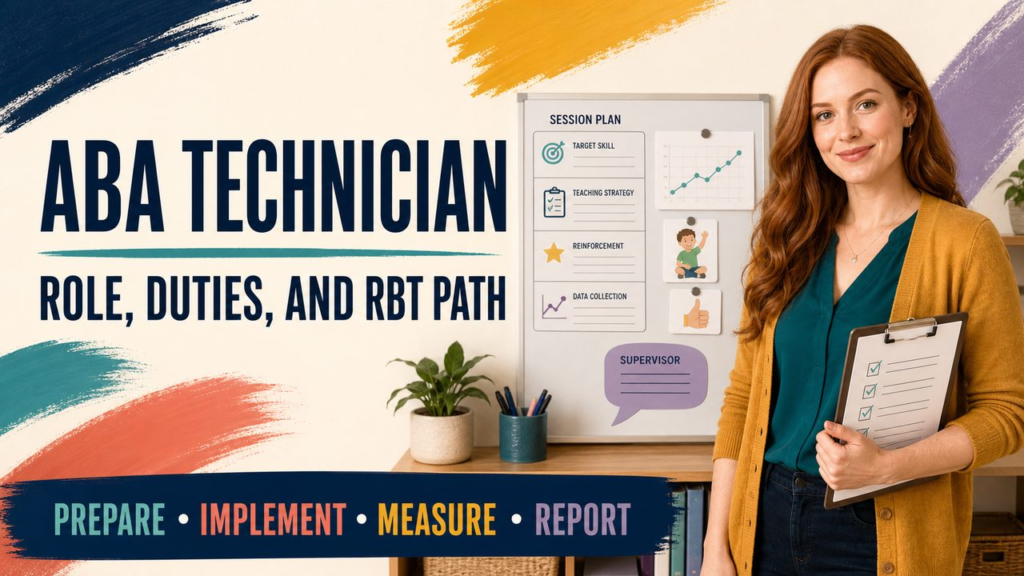 aba technician cover showing a white adult technician reviewing a supervised session workflow
