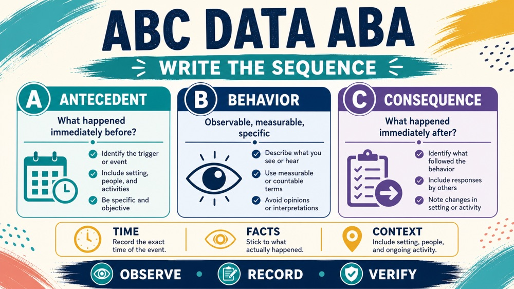abc data aba antecedent behavior consequence workflow infographic