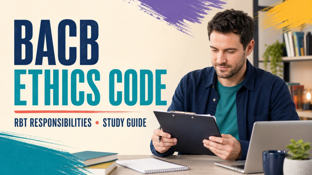 bacb ethics code cover showing a white adult RBT candidate reviewing an ethics study guide and checklist