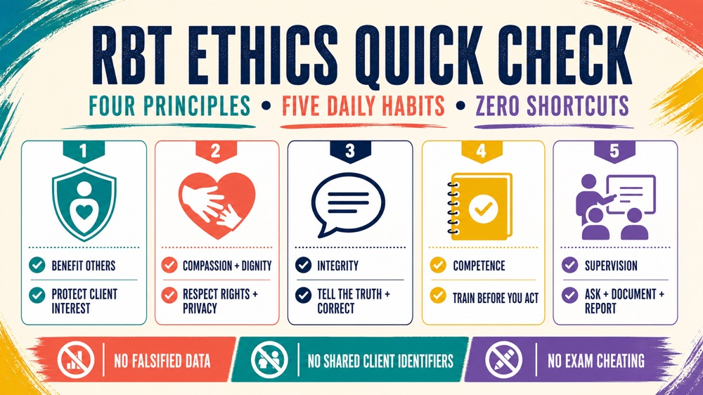 bacb ethics code infographic showing truthfulness privacy competence supervision and professional boundaries