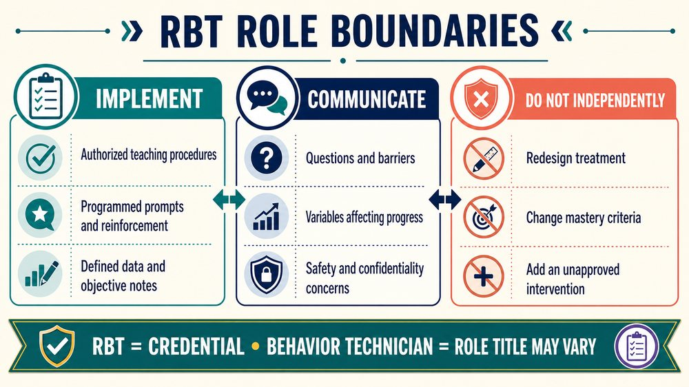 behavior technicians infographic showing six RBT domains and role boundaries