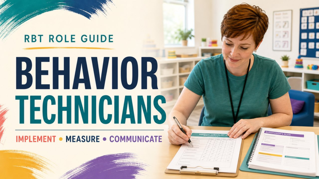 behavior technicians cover showing a white adult reviewing a supervised session checklist