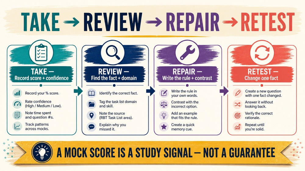 blossom rbt mock exam workflow showing take, review, repair, and retest