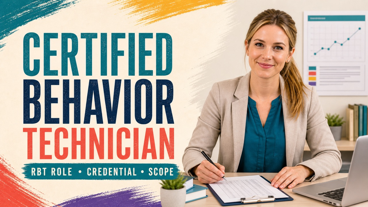 certified behavior technician cover showing a white adult learner reviewing an RBT credential and job checklist