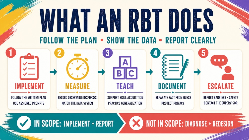 certified behavior technician infographic showing implement measure teach document and communicate within supervision