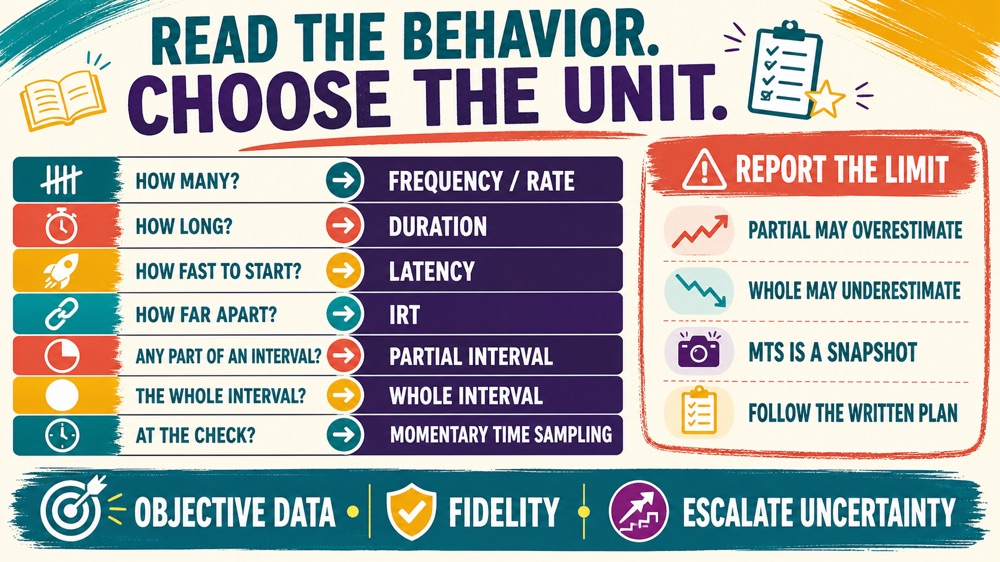 continuous vs discontinuous measurement aba infographic showing a measurement decision ladder and six RBT domains
