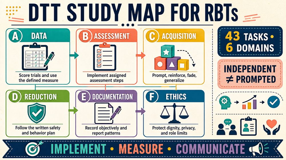 discrete trial teaching aba infographic showing prompting data generalization and six RBT domains