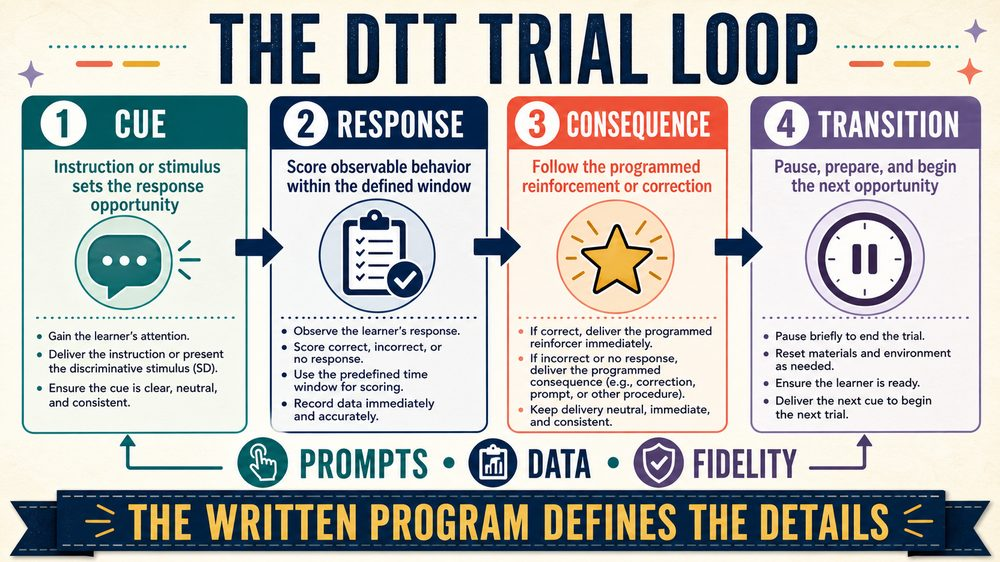 discrete trial teaching aba infographic showing cue response consequence and transition steps