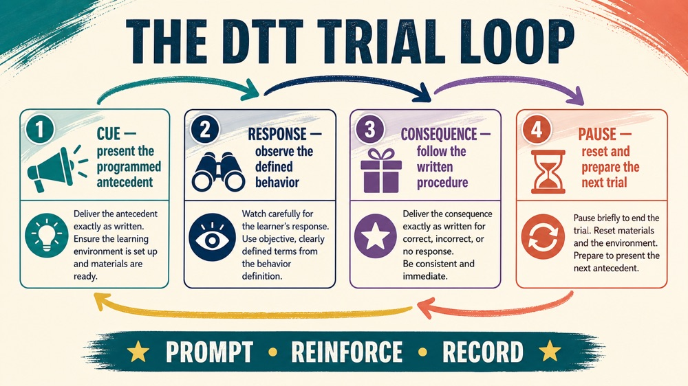 Discrete trial training ABA trial loop showing cue, response, consequence, pause, and data