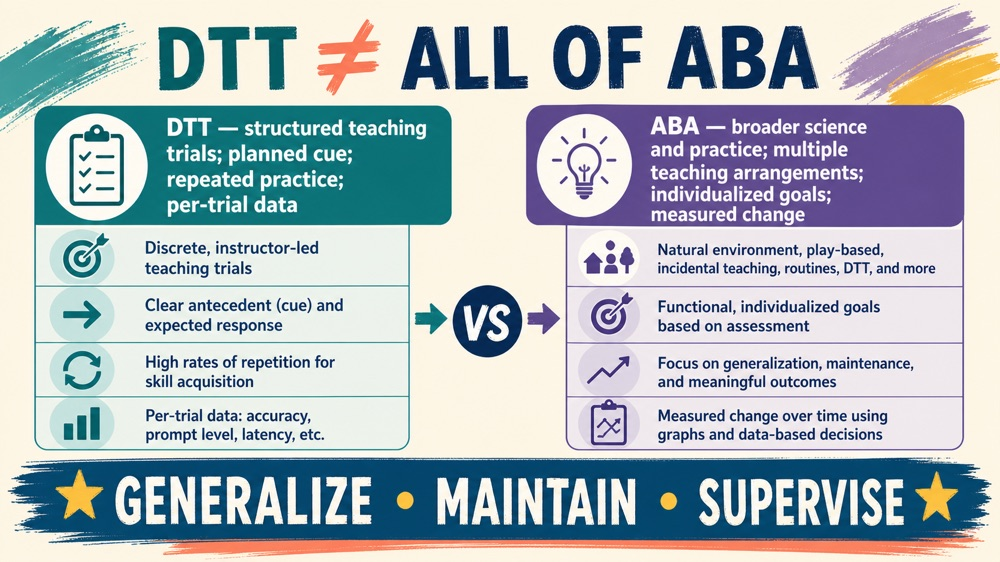 Discrete trial training ABA study map showing plan, prompt, data, generalization, and supervision