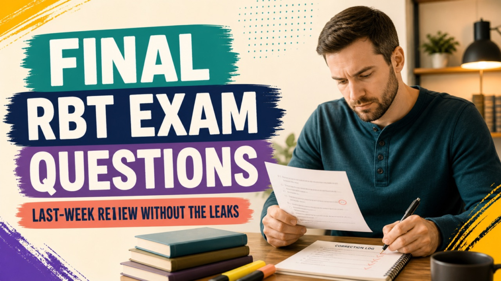 final exam rbt exam questions cover showing a white adult learner reviewing original practice questions