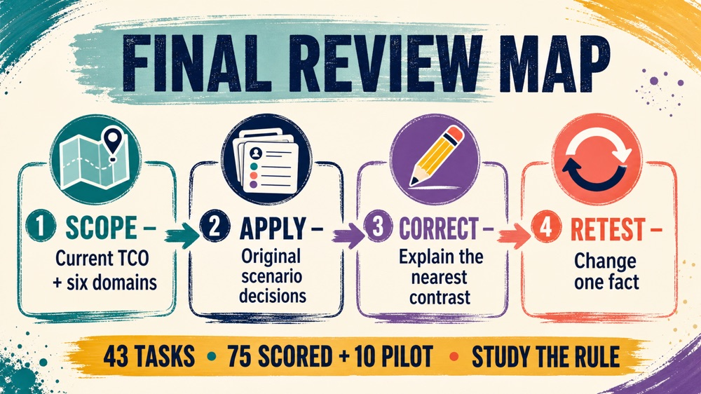 final exam rbt exam questions review map showing current scope, apply, correct, and retest steps