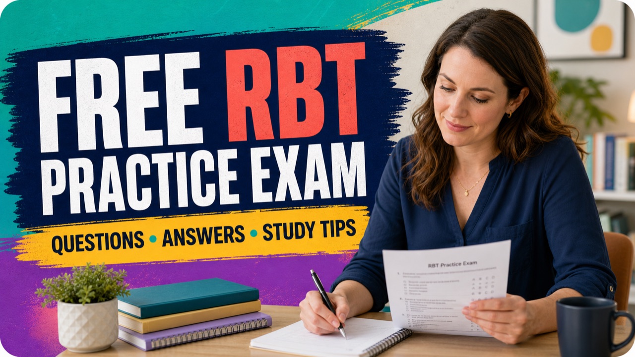 Free RBT practice exam with a white adult learner reviewing scenario answers