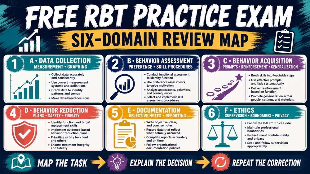 Free RBT practice exam review loop from taking questions to repeating corrections