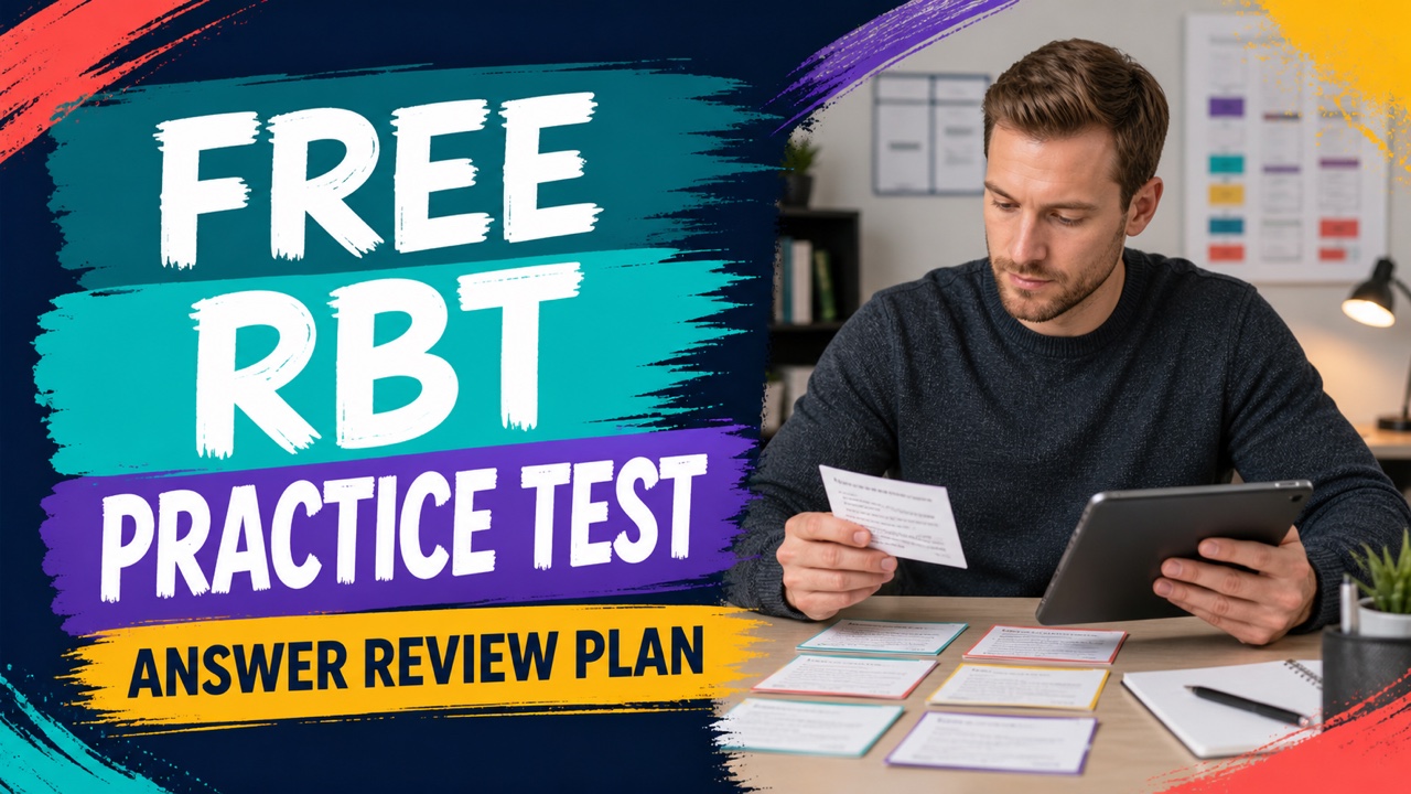 Free RBT practice test with a white adult learner reviewing scenario answers