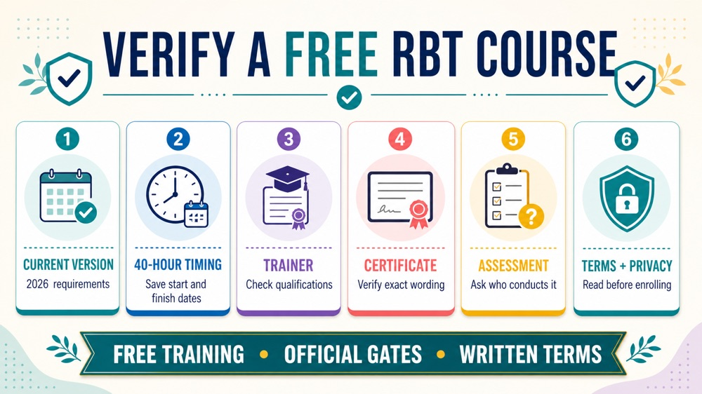 free registered behavior technician certification infographic showing a verification checklist for a free 40-hour course and