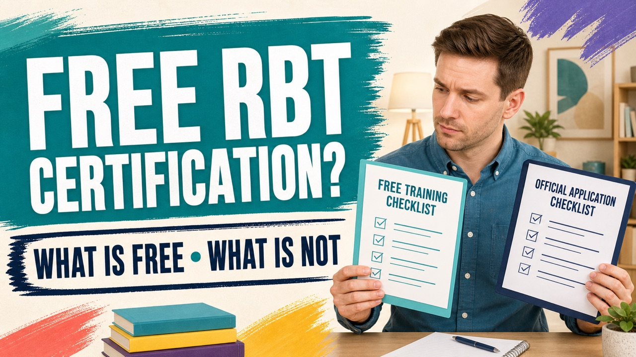 free registered behavior technician certification cover showing a white adult applicant comparing free training and official