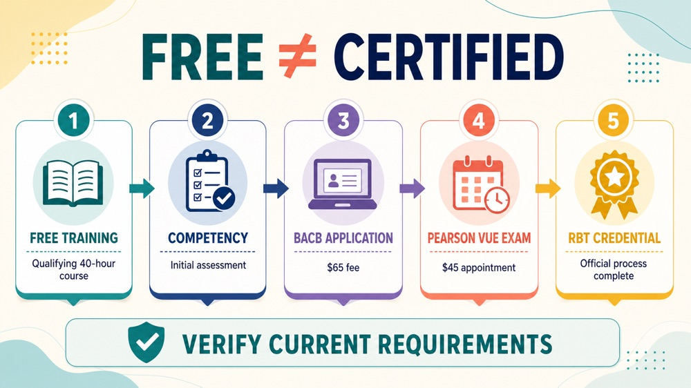 free registered behavior technician certification infographic showing free training leading to competency, application, exam,