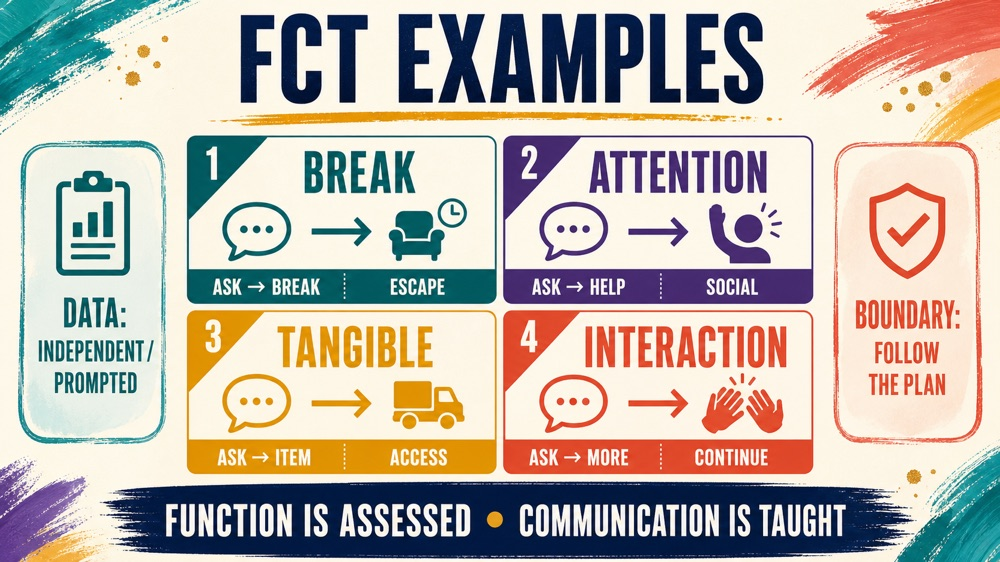 functional communication training aba examples infographic showing four function-based communication scenarios and RBT bounda