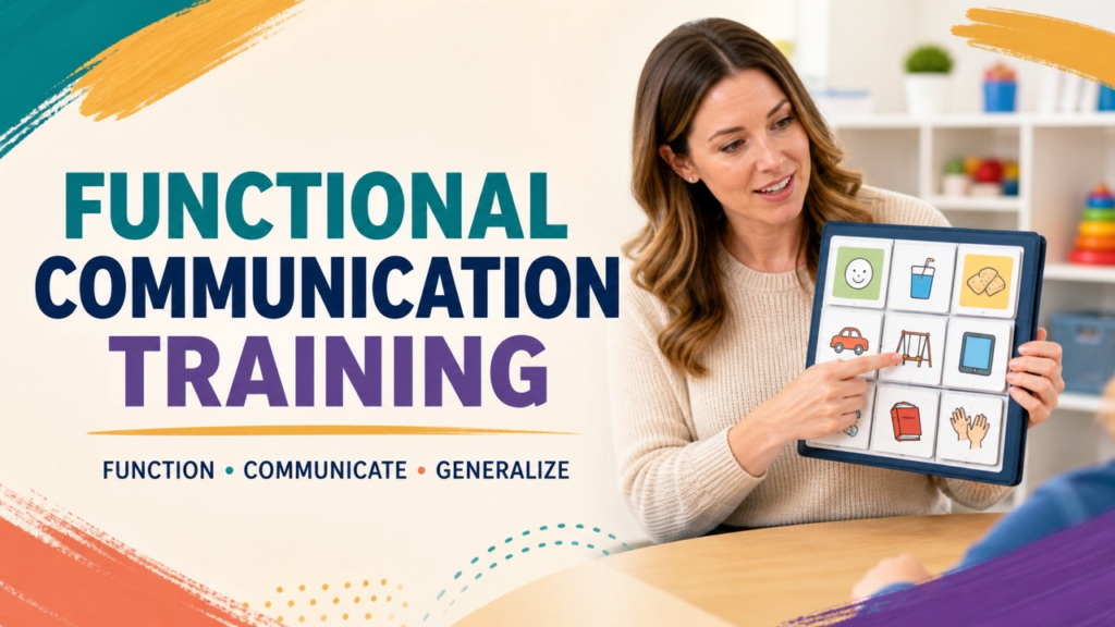 functional communication training aba cover showing a white adult educator reviewing a communication teaching sequence