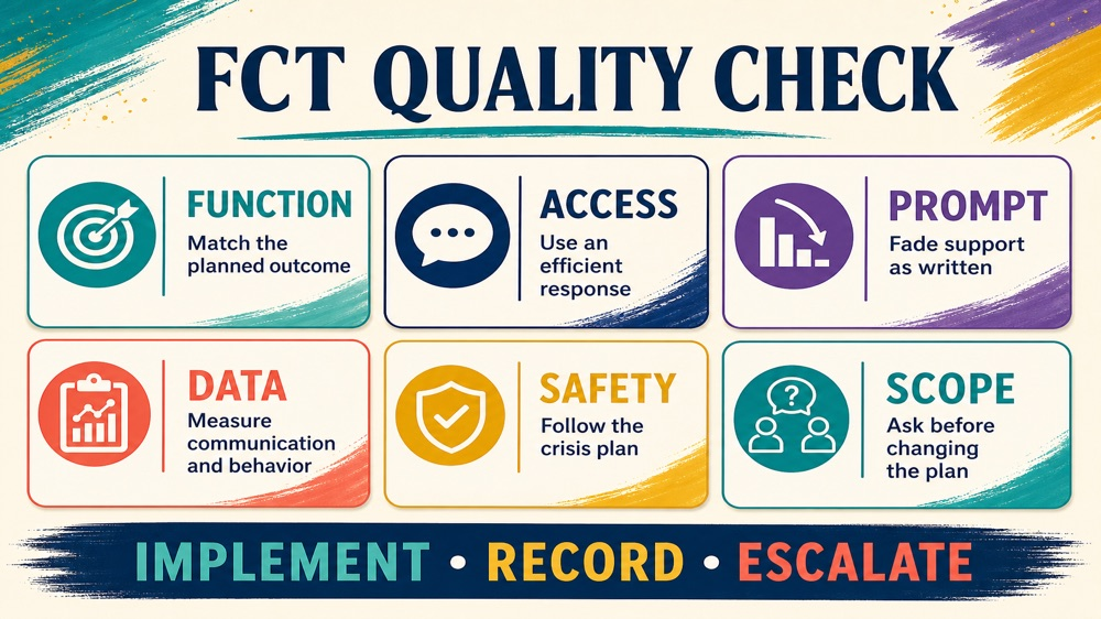 functional communication training aba infographic showing function, communication, safety, and generalization checks