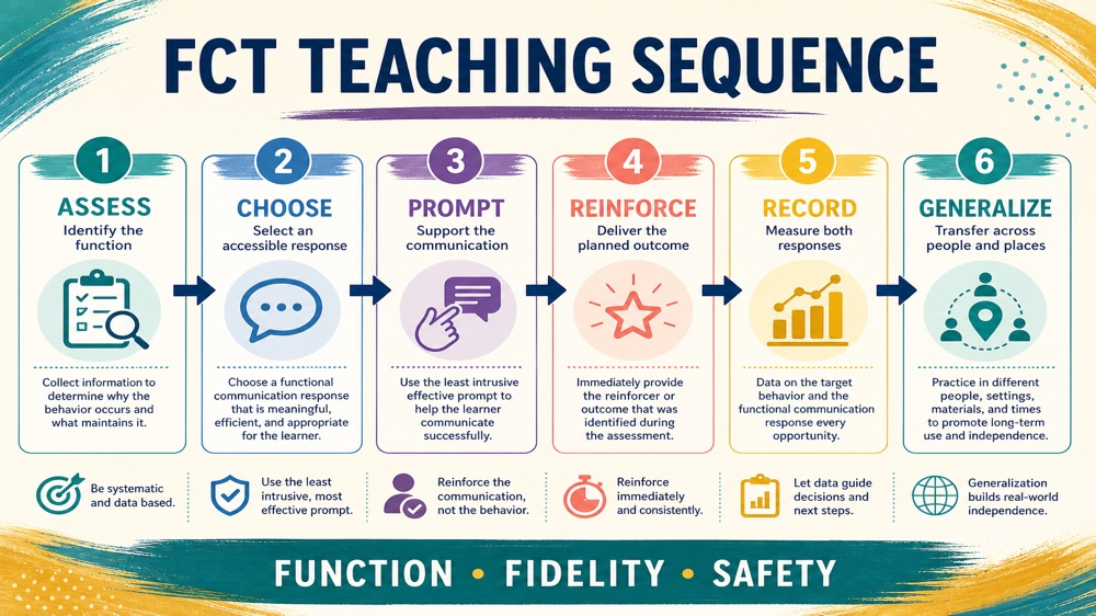 functional communication training aba infographic showing the assessment to reinforcement teaching sequence