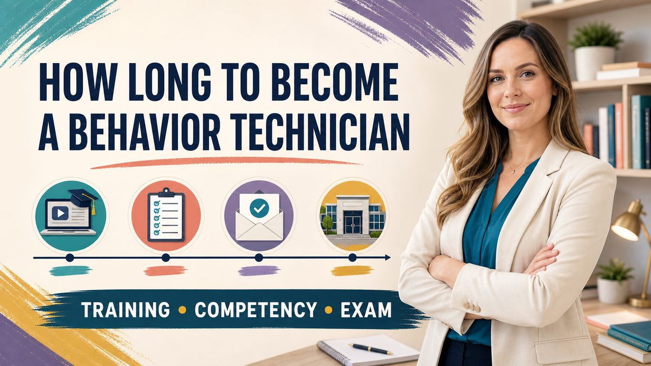 how long does it take to become a behavior technician cover showing a white adult learner reviewing an RBT timeline