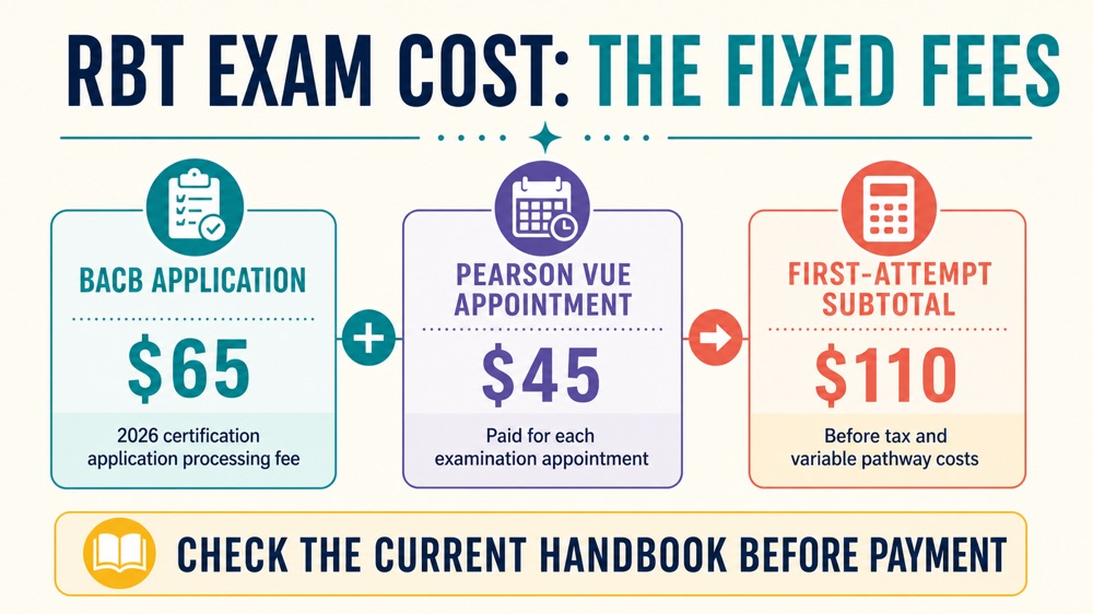 how much is the rbt exam infographic showing the $65 BACB fee, $45 Pearson VUE appointment, and $110 subtotal