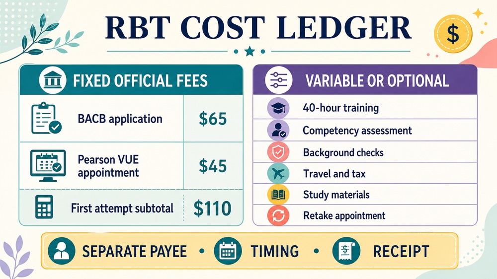 how much is the rbt exam infographic showing a fixed-versus-variable cost ledger for training, assessment, travel, and retake