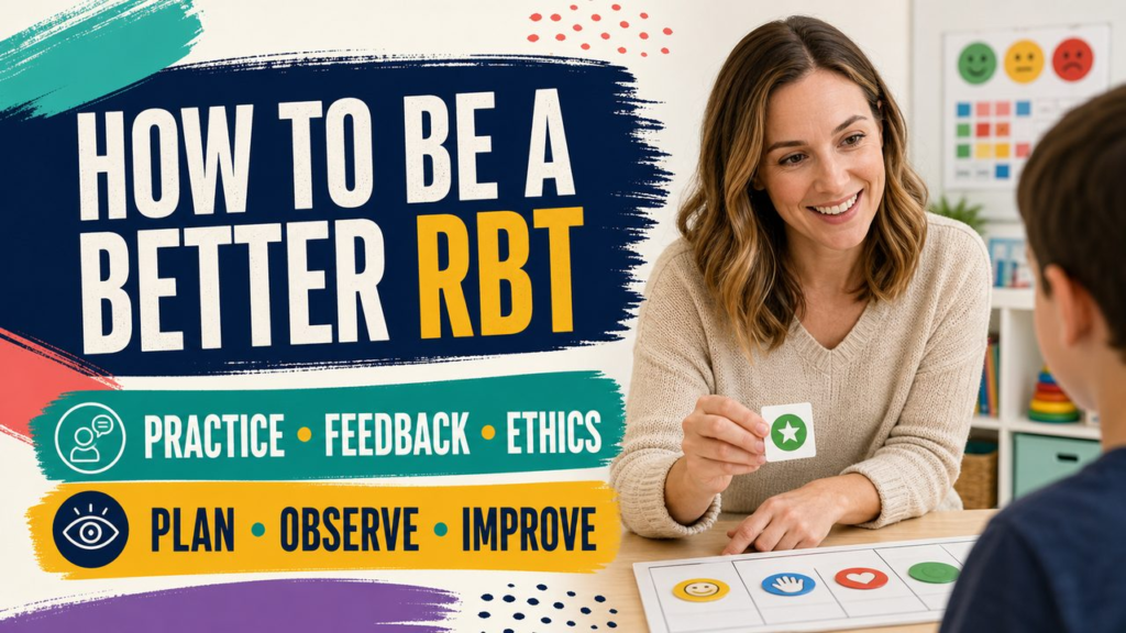 how to be a better rbt cover showing a white adult RBT reviewing a feedback and practice plan