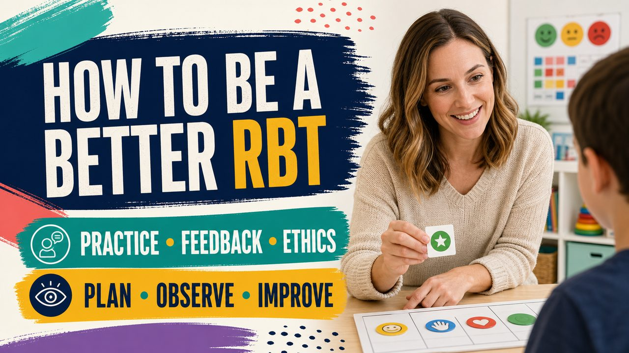 how to be a better rbt cover showing a white adult RBT reviewing a feedback and practice plan