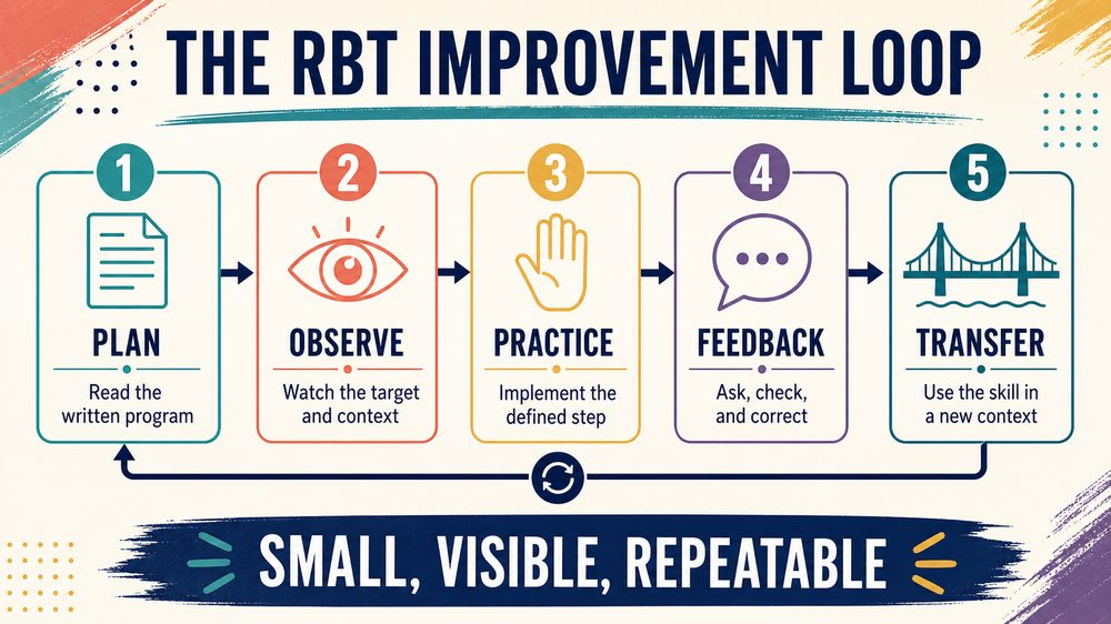 how to be a better rbt infographic showing a plan observe practice feedback and transfer loop