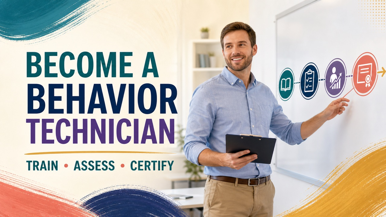 how to become a behavior technician cover showing a white adult educator reviewing an RBT pathway checklist
