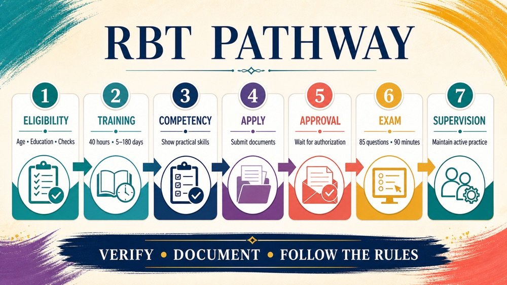 how to become a behavior technician infographic showing the RBT training to certification pathway