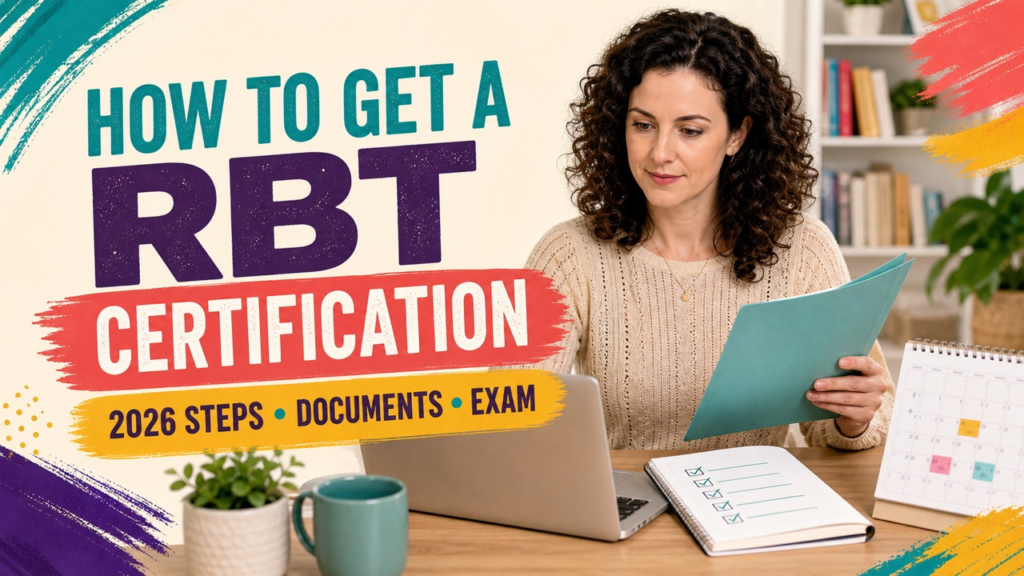 how to get a rbt certification cover showing a white adult learner reviewing an application and study checklist