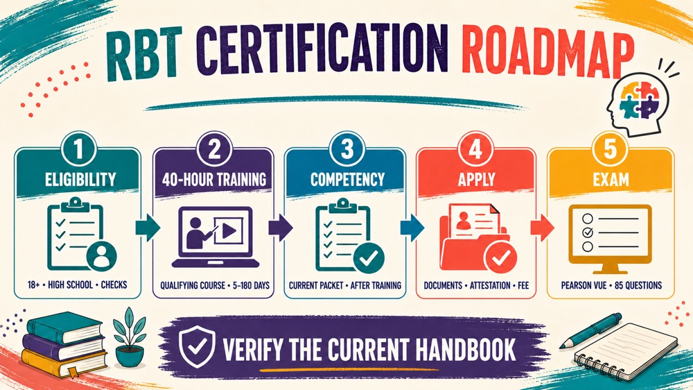 how to get a rbt certification infographic showing eligibility training competency application and exam steps