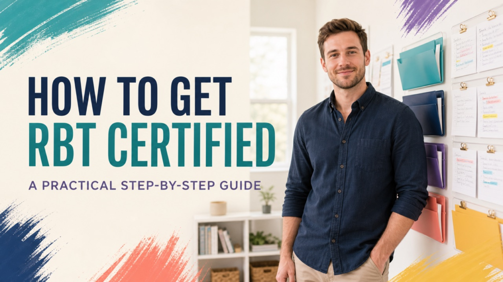 how to get rbt certified cover showing a white adult educator reviewing a certification pathway