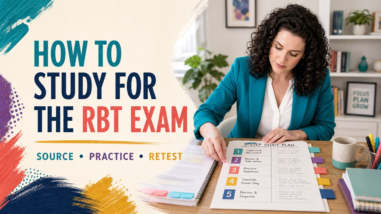 How to study for the RBT exam cover with a white adult learner following a five-phase study plan