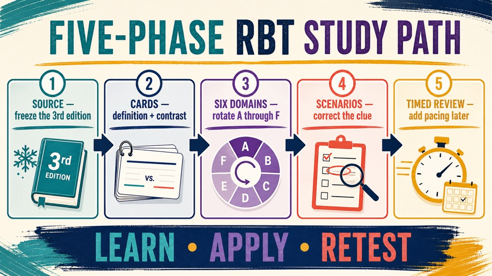 How to study for the RBT exam five-phase study map infographic