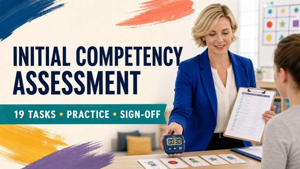 initial competency assessment cover showing a white adult RBT practicing with a clipboard and task cards