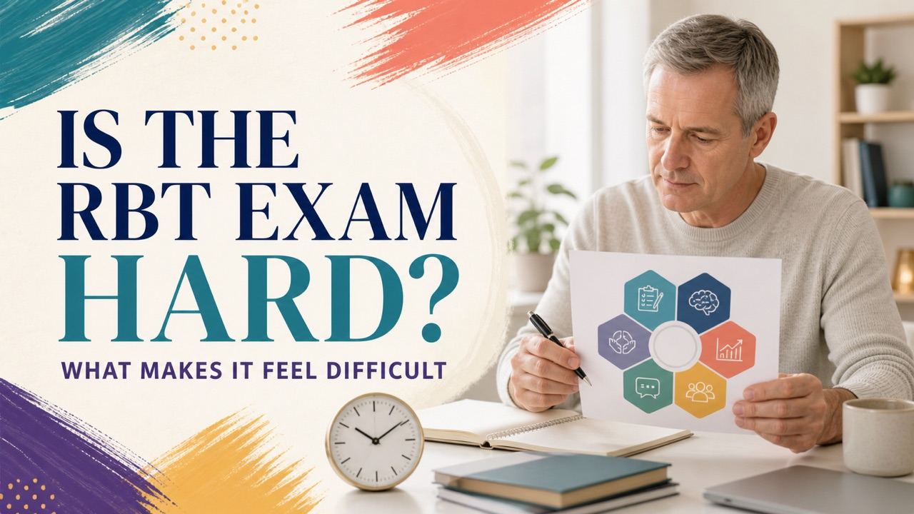 is the rbt exam hard cover showing a white adult candidate reviewing a clock and six-domain study map