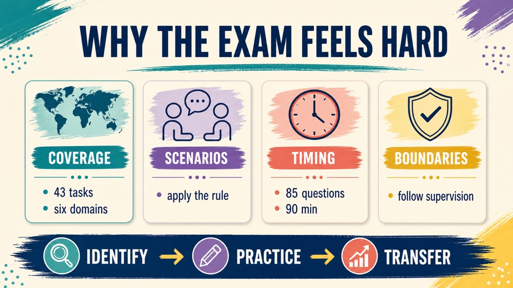 is the rbt exam hard infographic showing four sources of exam difficulty