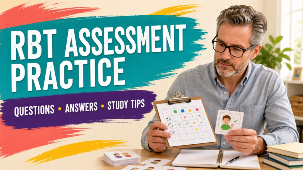rbt assessment practice cover showing a white adult learner reviewing a preference and skill assessment study guide
